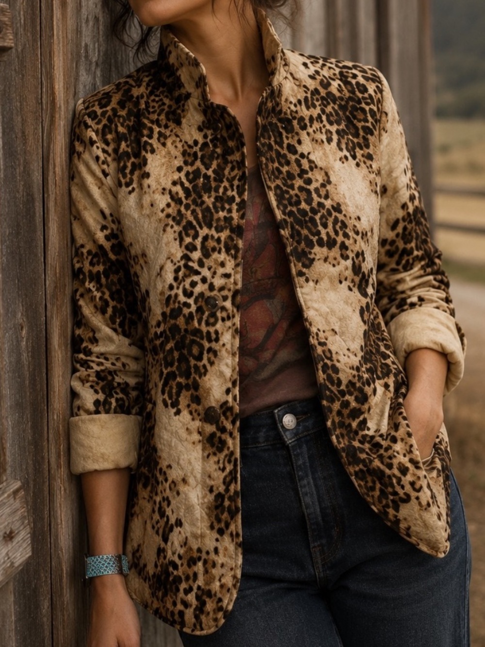 Vtg Liz Claiborne Quilted Snap Leopard Print Oversized Lined Long Blazer